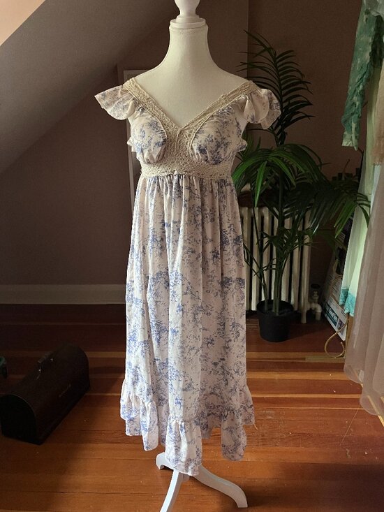 Dresses & Skirts - White & blue chinoiserie empire waist long dress cottagecore lace trim
